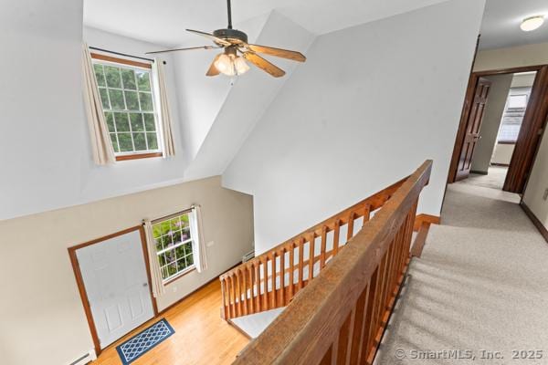 5 Conrad Ct, Ledyard, CT 06335 - stairway featuring a ceiling fan, high vaulted ceiling, baseboards, and carpet