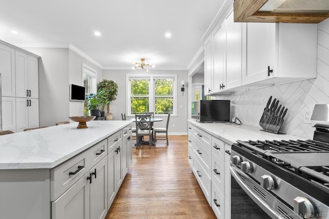 308 Old Zoar Rd, Monroe, CT 06468 - kitchen with stainless steel range with gas cooktop, under cabinet range hood, light wood-style floors, ornamental molding, and tasteful backsplash