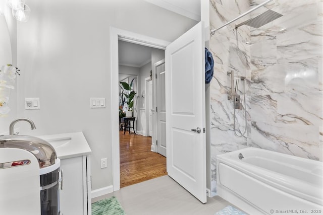 308 Old Zoar Rd, Monroe, CT 06468 - bathroom featuring vanity, a combined bath / shower with marble appearance, and crown molding