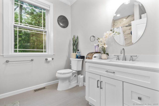 308 Old Zoar Rd, Monroe, CT 06468 - full bathroom featuring baseboards, vanity, ornamental molding, toilet, and a shower with shower curtain