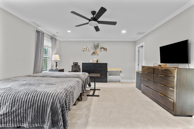 308 Old Zoar Rd, Monroe, CT 06468 - bedroom with light colored carpet, ornamental molding, recessed lighting, ceiling fan, and baseboards