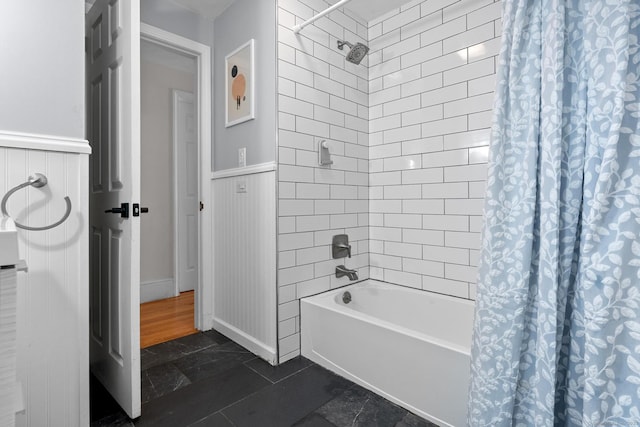 401 Russell Ave, Suffield, CT 06078 - full bathroom featuring shower / tub combo and wainscoting