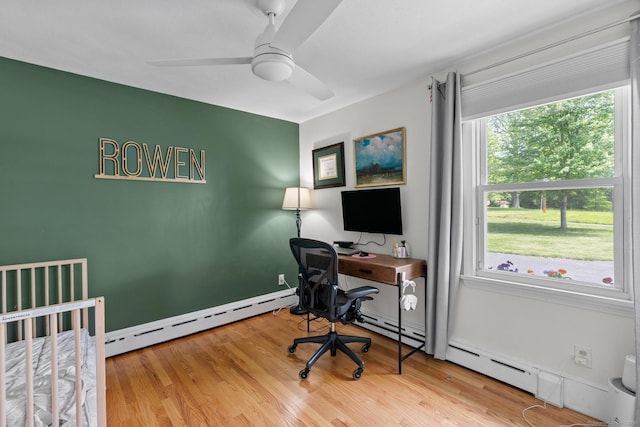 401 Russell Ave, Suffield, CT 06078 - office with ceiling fan, a baseboard heating unit, wood finished floors, and baseboards