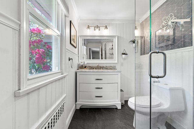 401 Russell Ave, Suffield, CT 06078 - full bath featuring vanity, ornamental molding, toilet, and a shower stall
