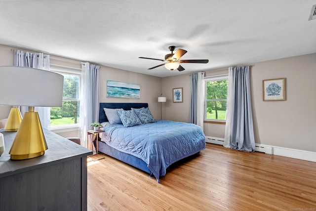 401 Russell Ave, Suffield, CT 06078 - bedroom with light wood-type flooring, baseboard heating, ceiling fan, and baseboards