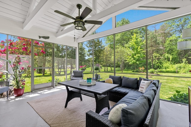 401 Russell Ave, Suffield, CT 06078 - sunroom featuring ceiling fan, an outdoor living space, view of wooded area, and plenty of natural light