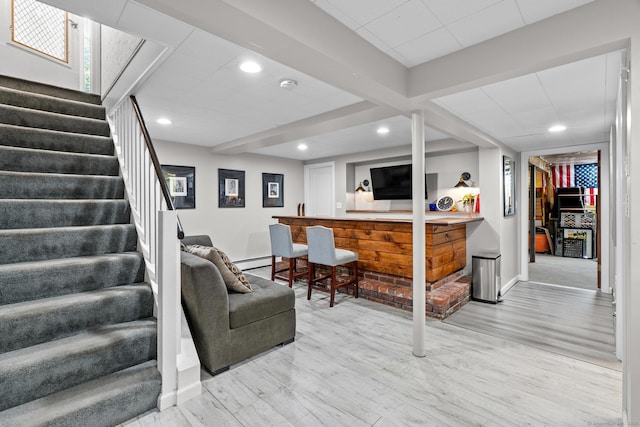 401 Russell Ave, Suffield, CT 06078 - living area featuring stairway, a dry bar, light wood-style flooring, recessed lighting, and baseboards