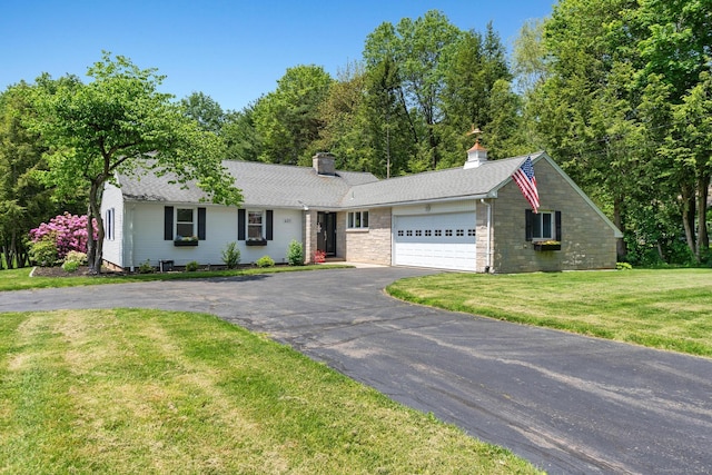 401 Russell Ave, Suffield, CT 06078 - ranch-style house featuring an attached garage, asphalt driveway, a front yard, a chimney, and roof with shingles