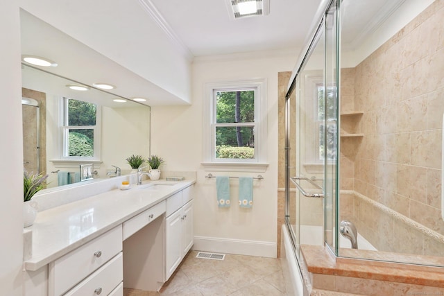 50 Harrison Ave, New Canaan, CT 06840 - full bath featuring crown molding, vanity, tile patterned flooring, and shower / bath combination with glass door