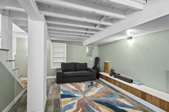 128 Mill River St, New Haven, CT 06511 - living room with beamed ceiling, electric panel, stairway, and baseboards
