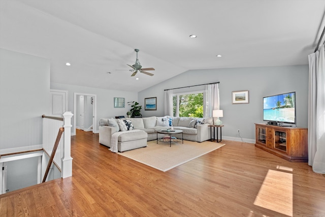 40 Thunder Hill Ln, Ridgefield, CT 06877 - living area with vaulted ceiling, a ceiling fan, light wood-type flooring, baseboards, and recessed lighting