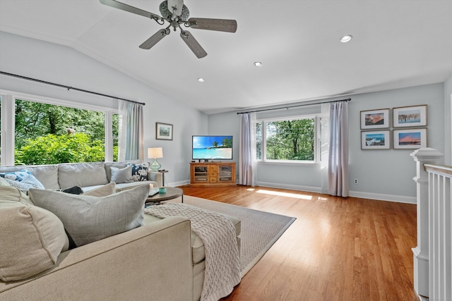 40 Thunder Hill Ln, Ridgefield, CT 06877 - living room with vaulted ceiling, light wood finished floors, baseboards, ceiling fan, and recessed lighting