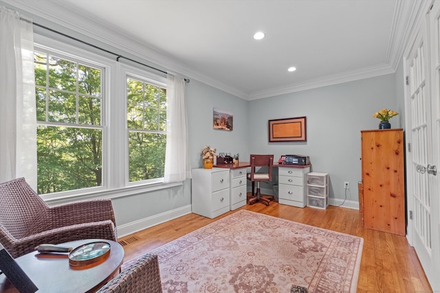 40 Thunder Hill Ln, Ridgefield, CT 06877 - living area featuring a desk, crown molding, light wood-type flooring, baseboards, and recessed lighting