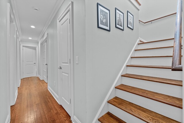 40 Thunder Hill Ln, Ridgefield, CT 06877 - staircase with crown molding, wood-type flooring, recessed lighting, and baseboards