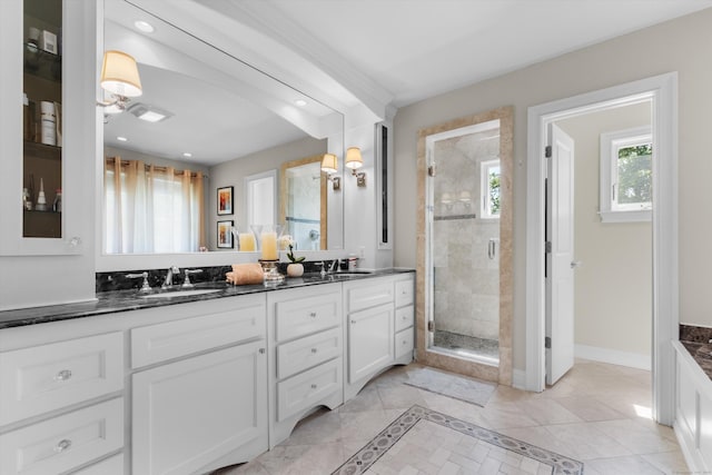 40 Thunder Hill Ln, Ridgefield, CT 06877 - full bathroom featuring double vanity, a shower stall, recessed lighting, and baseboards