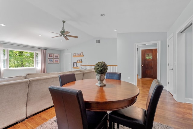 40 Thunder Hill Ln, Ridgefield, CT 06877 - dining space featuring lofted ceiling, a ceiling fan, light wood finished floors, and recessed lighting
