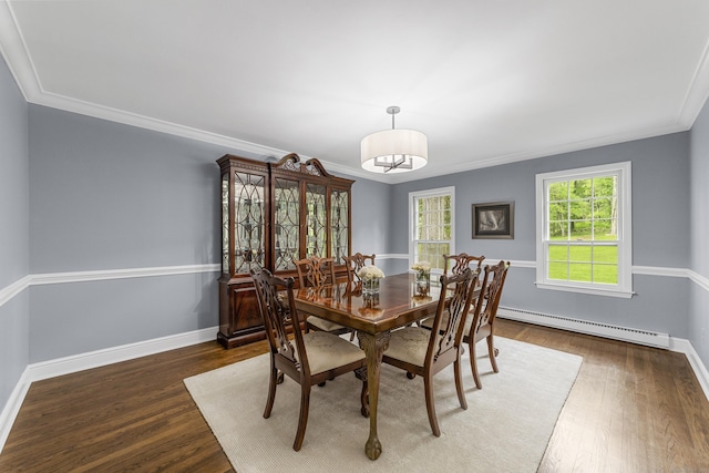 47 Ridgecrest Rd, Stamford, CT 06903 - dining room with baseboard heating, wood finished floors, crown molding, and baseboards