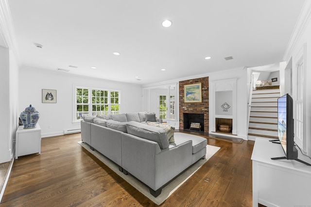 47 Ridgecrest Rd, Stamford, CT 06903 - living area featuring ornamental molding, dark wood-style flooring, a baseboard heating unit, a fireplace, and stairs