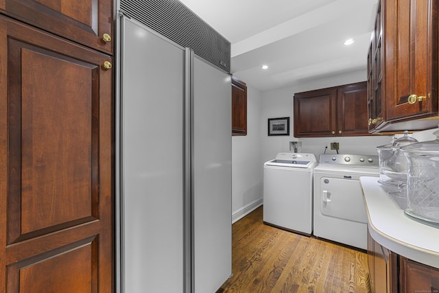 47 Ridgecrest Rd, Stamford, CT 06903 - laundry room featuring cabinet space, washer and dryer, wood finished floors, recessed lighting, and baseboards