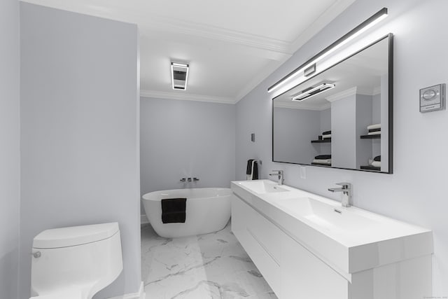 47 Ridgecrest Rd, Stamford, CT 06903 - bathroom featuring marble finish floors, a soaking tub, double vanity, ornamental molding, and toilet