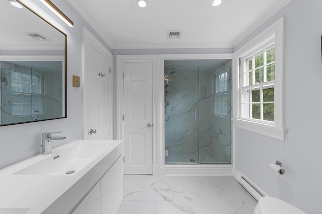 47 Ridgecrest Rd, Stamford, CT 06903 - bathroom with baseboard heating, marble look tiles, a marble finish shower, vanity, and recessed lighting