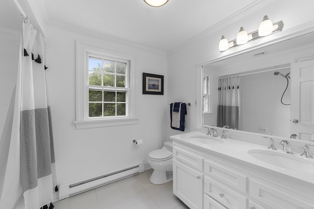 47 Ridgecrest Rd, Stamford, CT 06903 - bathroom with baseboard heating, curtained shower, toilet, double vanity, and ornamental molding