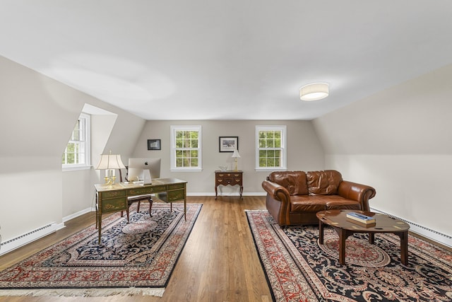 47 Ridgecrest Rd, Stamford, CT 06903 - home office with wood finished floors, vaulted ceiling, baseboard heating, and baseboards