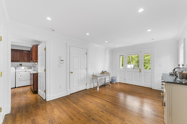47 Ridgecrest Rd, Stamford, CT 06903 - foyer entrance with washing machine and clothes dryer, dark wood-type flooring, crown molding, recessed lighting, and baseboards