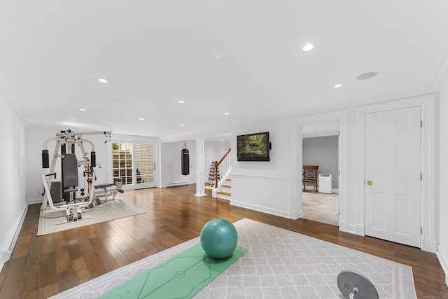 47 Ridgecrest Rd, Stamford, CT 06903 - workout room with wood finished floors, crown molding, baseboards, and recessed lighting