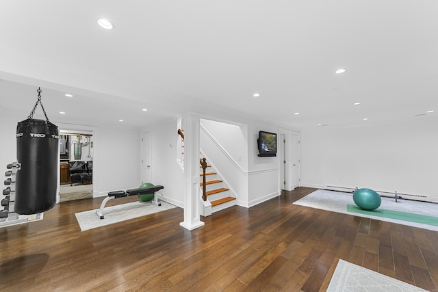 47 Ridgecrest Rd, Stamford, CT 06903 - workout room featuring wood finished floors, recessed lighting, baseboard heating, ornamental molding, and baseboards