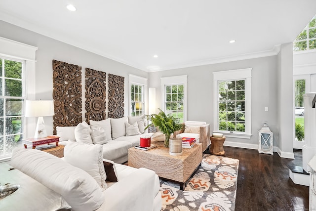 975 Flintlock Rd, Fairfield, CT 06890 - living area featuring dark wood-style floors, ornamental molding, recessed lighting, and baseboards