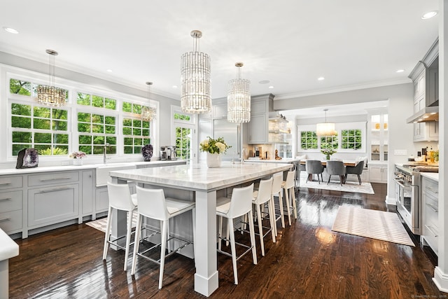 975 Flintlock Rd, Fairfield, CT 06890 - kitchen featuring high end range, gray cabinetry, a chandelier, a sink, and recessed lighting