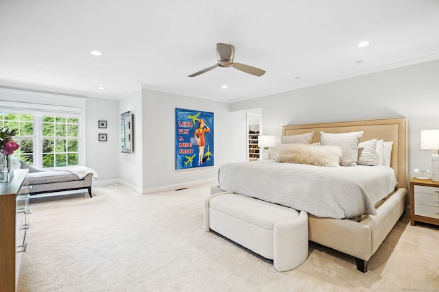 975 Flintlock Rd, Fairfield, CT 06890 - bedroom featuring light carpet, baseboards, crown molding, recessed lighting, and a ceiling fan