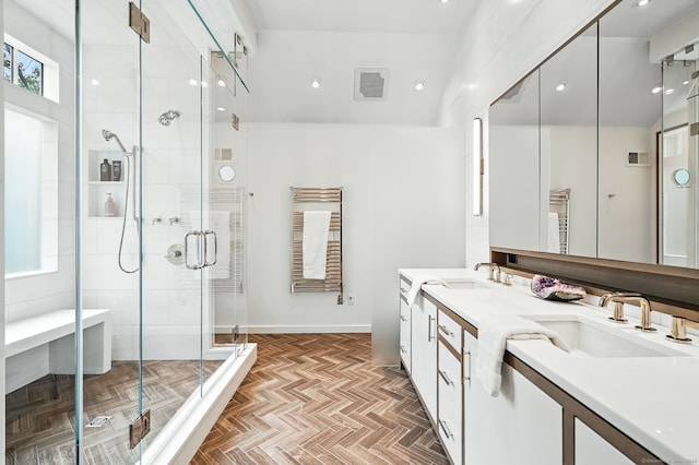 975 Flintlock Rd, Fairfield, CT 06890 - bathroom with double vanity, a stall shower, and recessed lighting