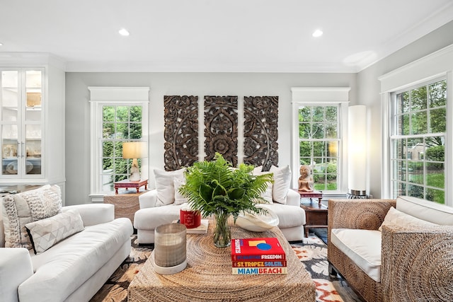 975 Flintlock Rd, Fairfield, CT 06890 - living area featuring recessed lighting, ornamental molding, and wood finished floors