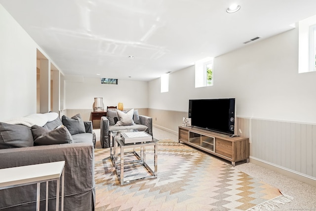 975 Flintlock Rd, Fairfield, CT 06890 - living area with a wainscoted wall, light colored carpet, and recessed lighting