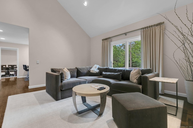 14 The Mews, Westport, CT 06880 - living area featuring high vaulted ceiling, wood finished floors, recessed lighting, and baseboards