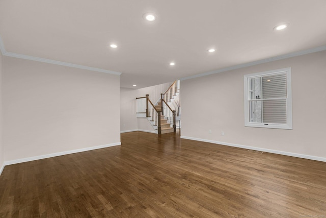 14 The Mews, Westport, CT 06880 - unfurnished living room featuring crown molding, stairs, wood finished floors, recessed lighting, and baseboards