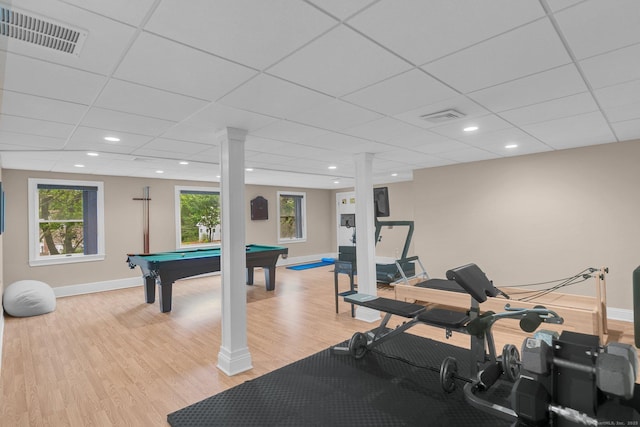 14 The Mews, Westport, CT 06880 - workout room with light wood-style flooring, pool table, baseboards, a paneled ceiling, and recessed lighting