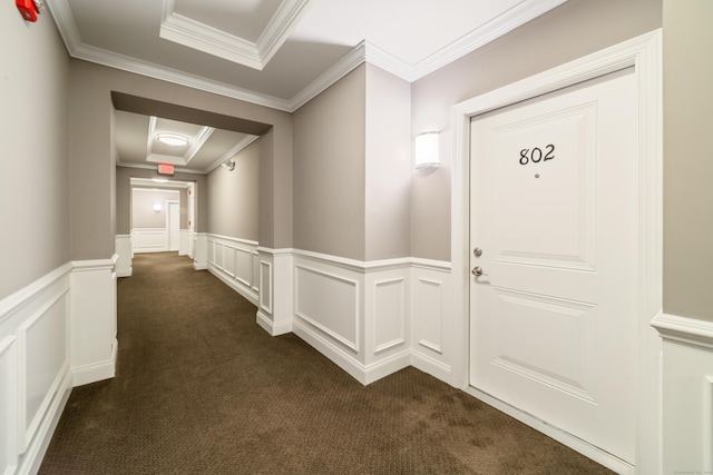 802 Center Meadow Ln Unit 802, Danbury, CT 06810 - hall featuring crown molding, dark carpet, a decorative wall, and a wainscoted wall