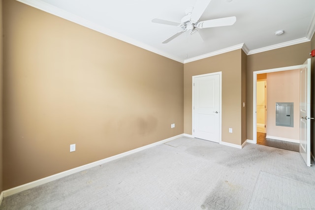 802 Center Meadow Ln Unit 802, Danbury, CT 06810 - unfurnished bedroom featuring ornamental molding, light colored carpet, baseboards, electric panel, and a ceiling fan
