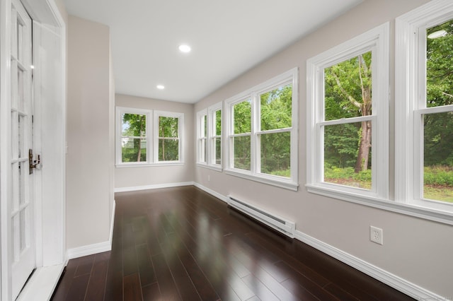 56 Uncas Ave, New London, CT 06320 - unfurnished sunroom with baseboard heating, baseboards, healthy amount of natural light, and recessed lighting