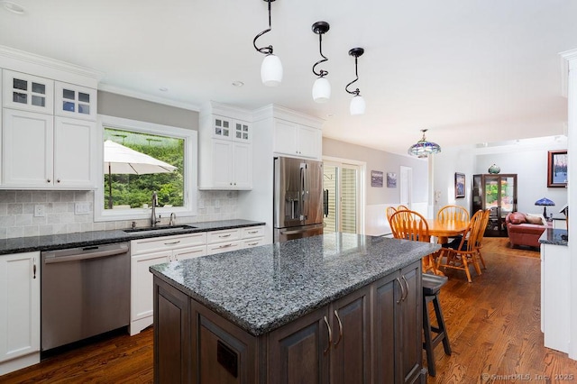 12 Fawn Ridge Dr, Brookfield, CT 06804 - kitchen featuring stainless steel appliances, a sink, tasteful backsplash, white cabinets, and dark wood-style flooring