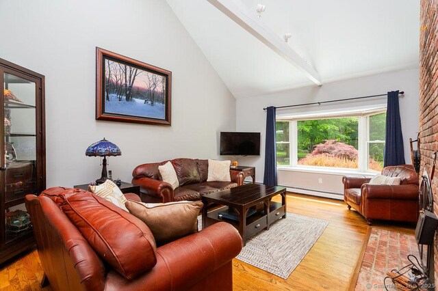 12 Fawn Ridge Dr, Brookfield, CT 06804 - living area featuring a baseboard heating unit, light wood-type flooring, beamed ceiling, and high vaulted ceiling