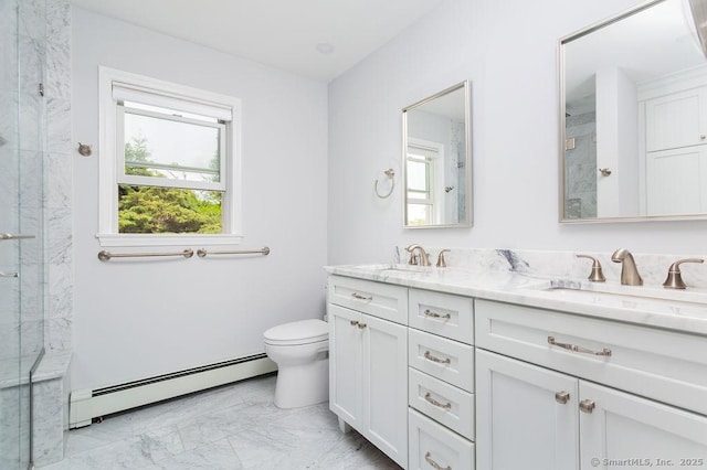 12 Fawn Ridge Dr, Brookfield, CT 06804 - bathroom featuring a baseboard radiator, marble finish flooring, double vanity, toilet, and a marble finish shower