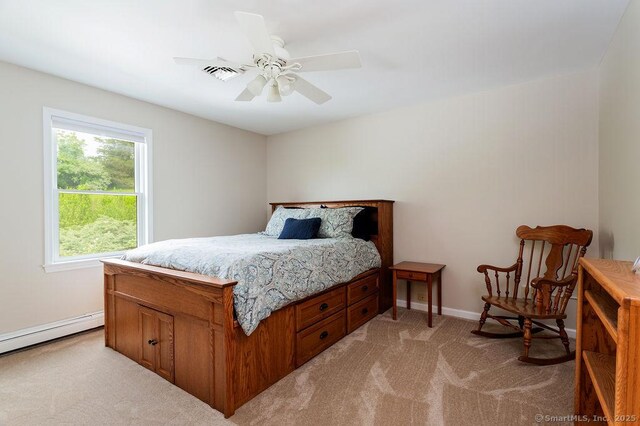 12 Fawn Ridge Dr, Brookfield, CT 06804 - bedroom featuring light carpet, a baseboard heating unit, baseboards, and a ceiling fan