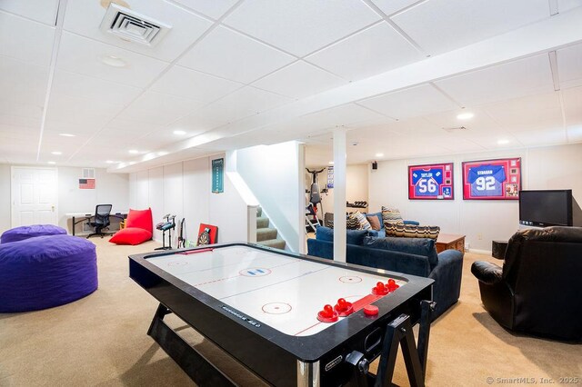 12 Fawn Ridge Dr, Brookfield, CT 06804 - game room featuring light carpet, a drop ceiling, and recessed lighting