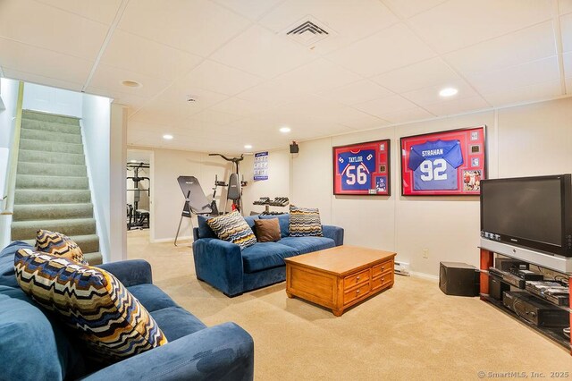 12 Fawn Ridge Dr, Brookfield, CT 06804 - living room with carpet, a paneled ceiling, stairs, baseboards, and recessed lighting