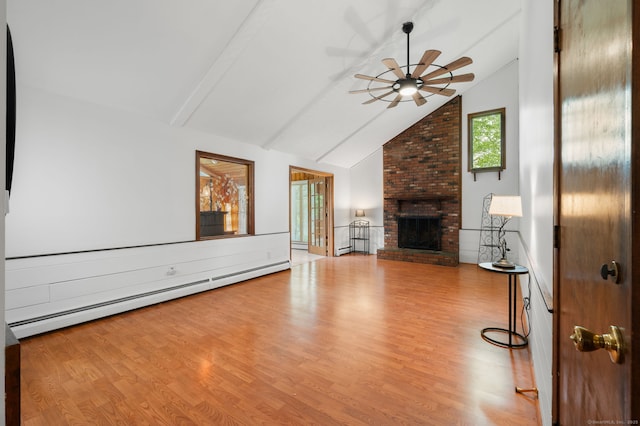 80 Farmstead Ln, Windsor, CT 06095 - unfurnished living room with a baseboard heating unit, a ceiling fan, wood finished floors, a fireplace, and high vaulted ceiling