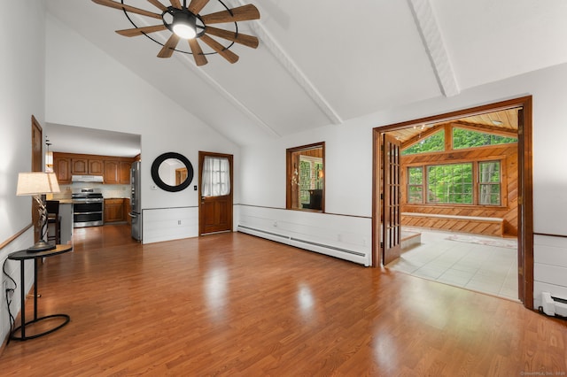 80 Farmstead Ln, Windsor, CT 06095 - unfurnished living room with a baseboard radiator, high vaulted ceiling, ceiling fan, beamed ceiling, and wood finished floors